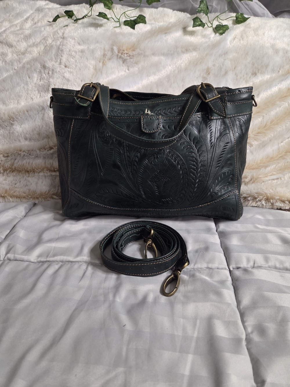 Labrado Dark Green Tooled Leather Shoulder Bag with Removable Strap